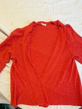 Eileen Fisher Open-Front Knit Coral Linen  and cotton Cardigan